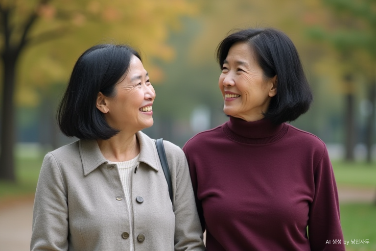 Korean women in their 50s and early 60s walking side by side in a city park and talking comfortably