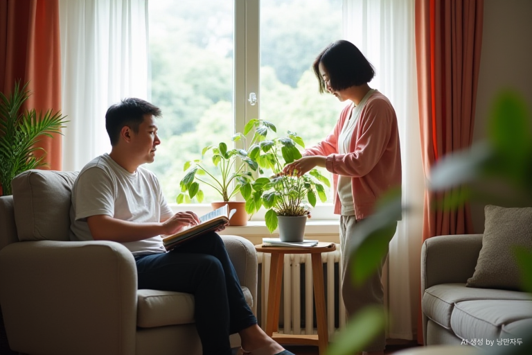 A Korean husband and wife in their late 50s who spend their time comfortably in the same house.