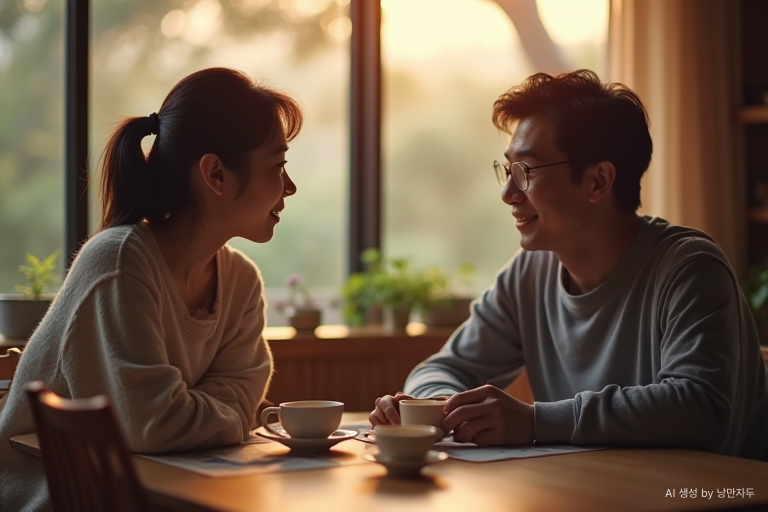 A Korean couple in their early 60s drinking tea and talking after spending their day together.