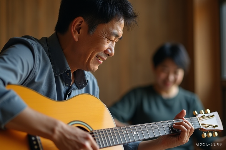 Korean man in his 60s learning guitar for the first time in a small music classroom