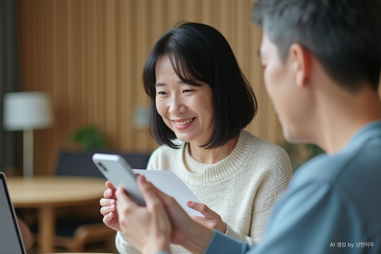 A Korean woman in her late 50s learning smartphone photography functions in a community center class.