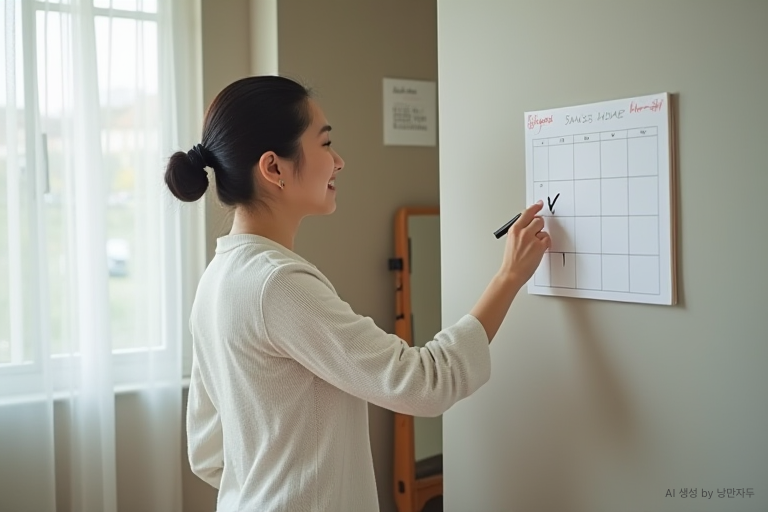 Korean woman in her 60s marking small activities she accomplished today on her calendar