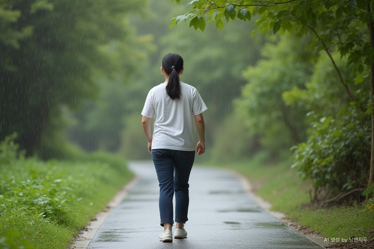A Korean woman in her early 60s walking slowly down the street near her house instead of taking a long walk.