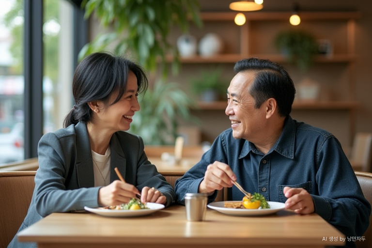 Two co-workers in their late 50s having lunch together outside the office and chatting comfortably.
