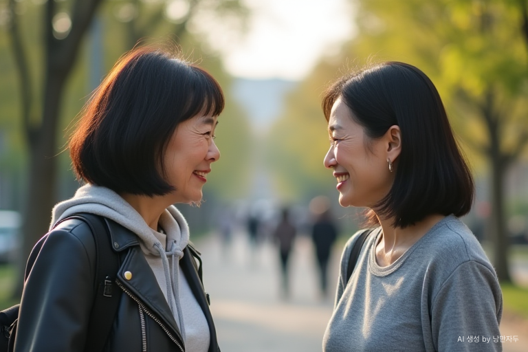 Two Korean neighbors in their 60s briefly exchanged greetings on a neighborhood walk.
