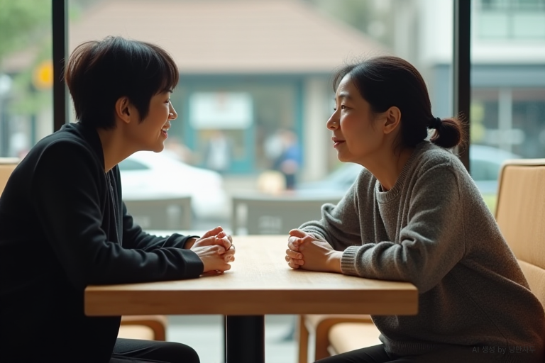 Korean women in their late 50s calmly discussing the scope of their requests in a bright public place.