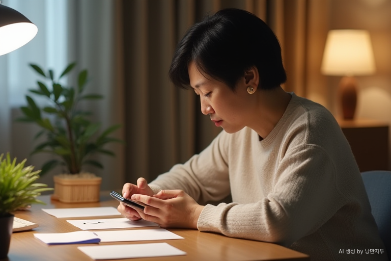 A Korean woman in her late 50s calmly finalizing her relationship after retirement.