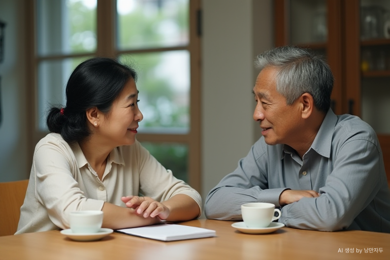 A Korean couple in their late 50s asking each other about their expectations and concerns after retirement.