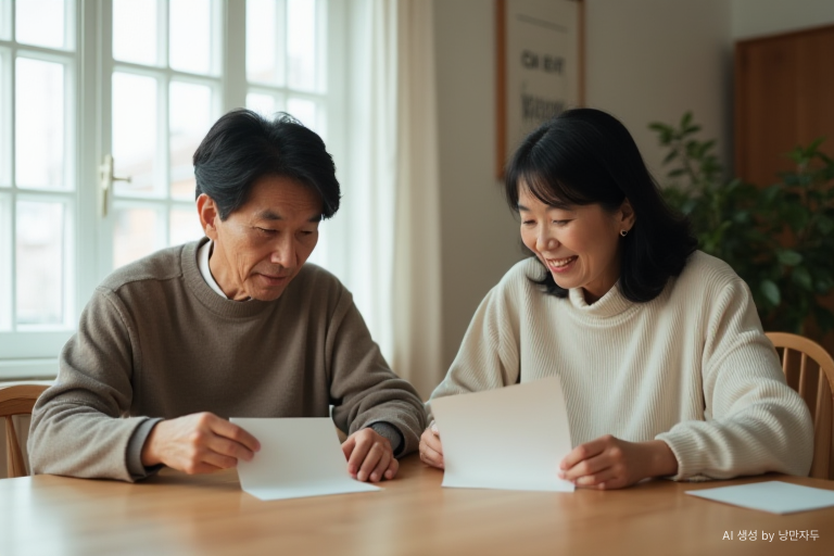 A Korean couple in their late 50s writing down the lifestyle they want to maintain after retirement.