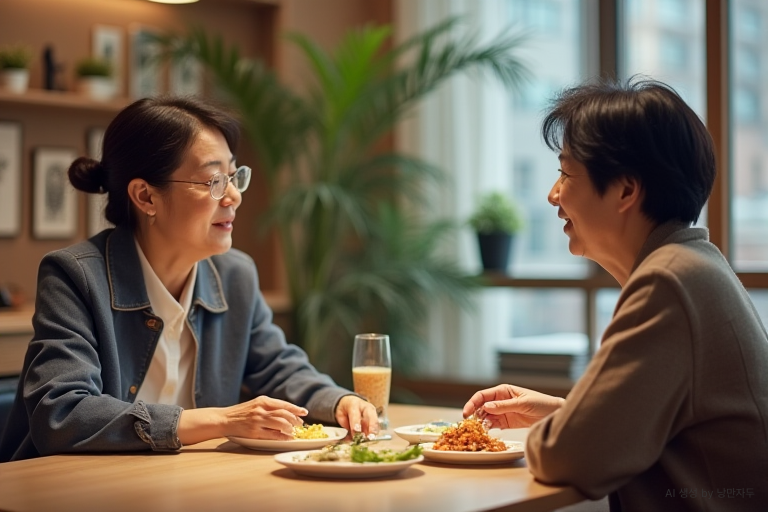 Two friends in their late 50s having a short lunch date on a weekday after retirement.