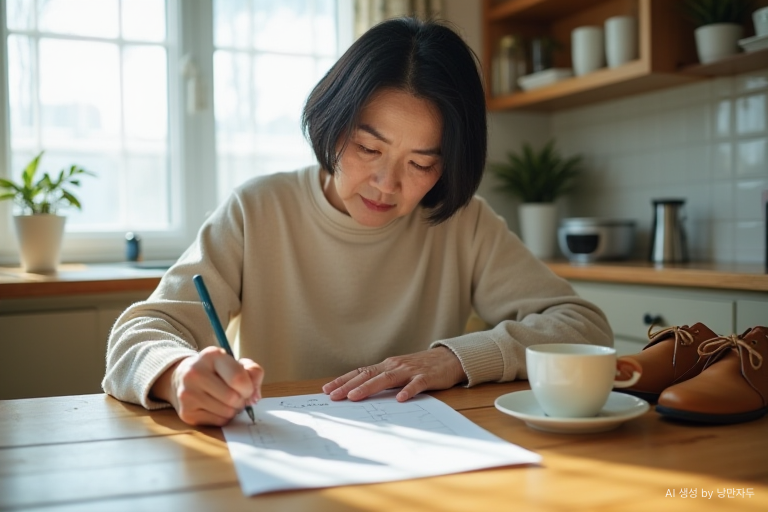 A Korean woman in her late 50s writing down her morning rhythm for the first 100 days after retirement
