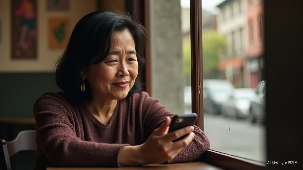 A Korean woman in her 50s puts down her cell phone and relaxes by the cafe window.