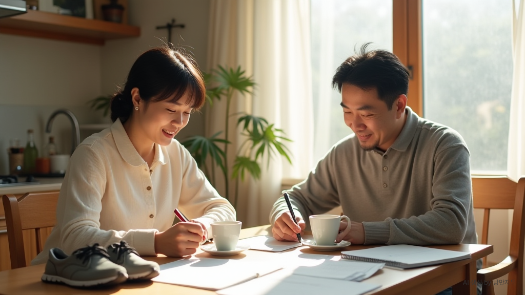 A Korean woman in her late fifties calmly planning her day at a table