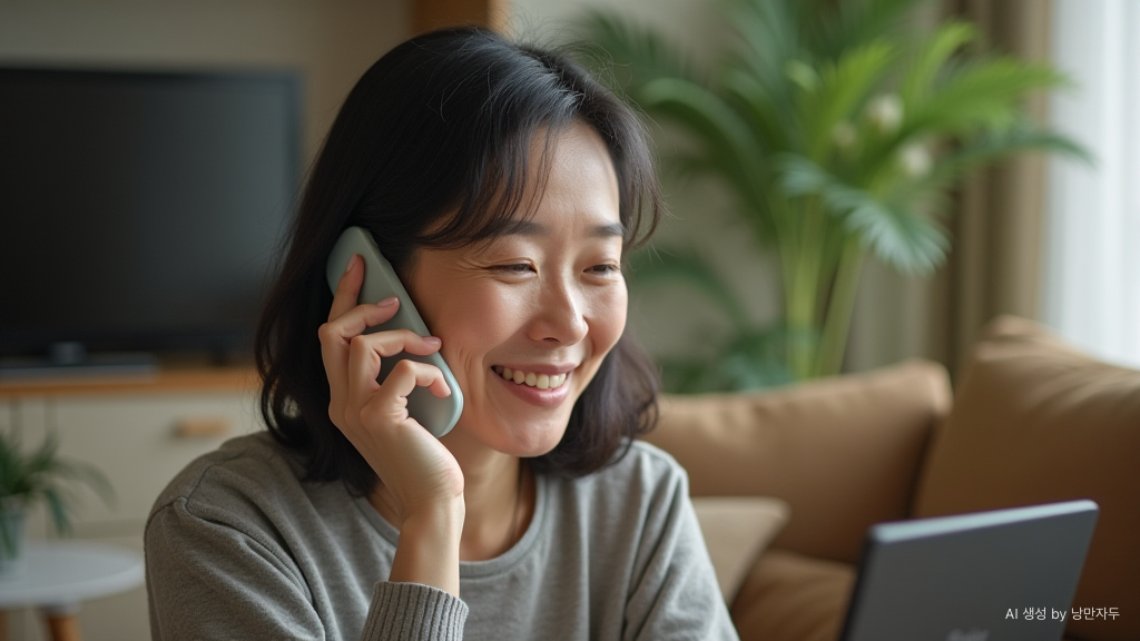 A Korean mother in her late 50s leisurely receiving a short phone call from her child.