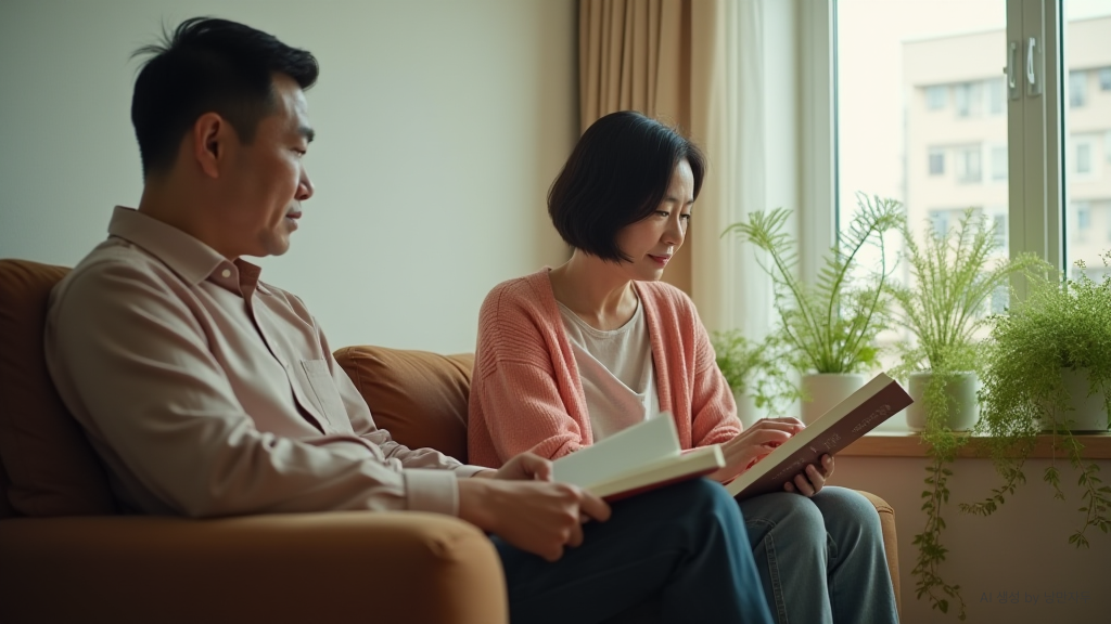 A Korean husband and wife in their late 50s who spend their time comfortably in the same house.