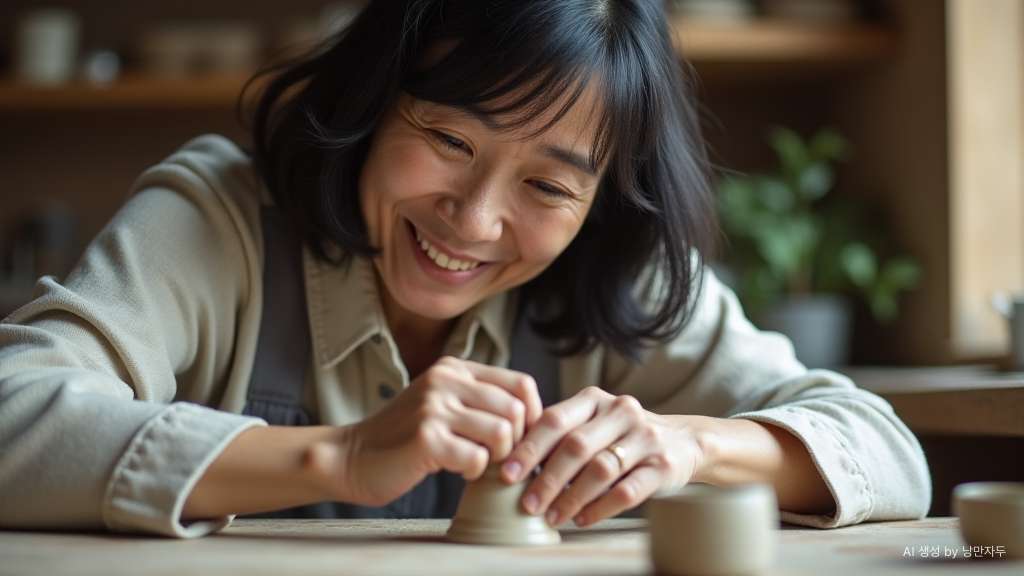A Korean woman in her late 50s learning pottery for the first time at a local workshop.