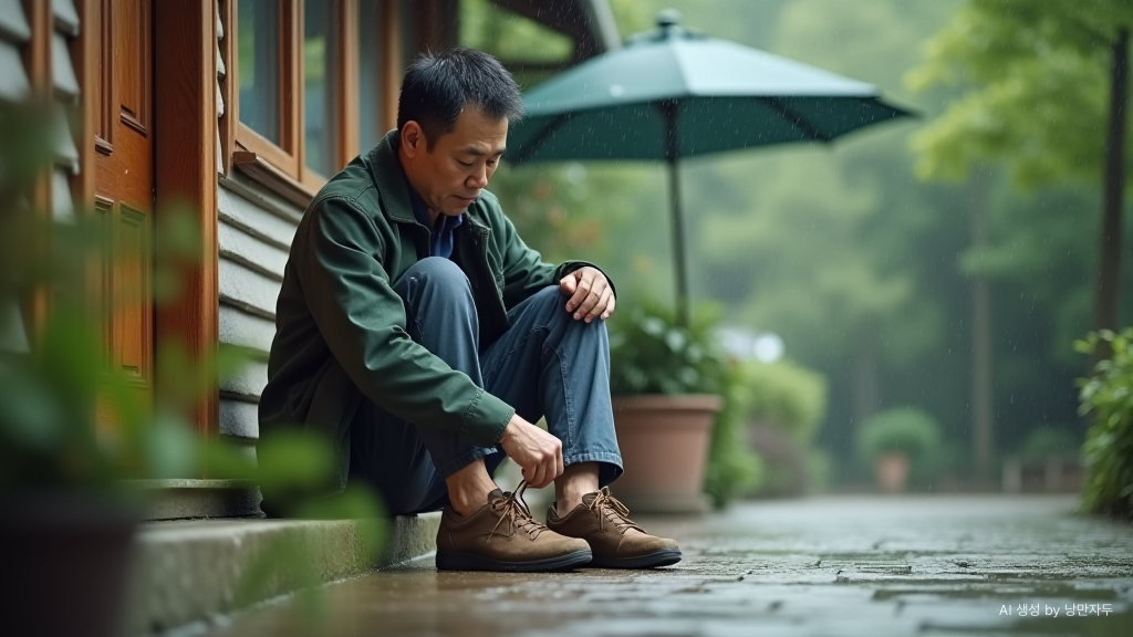 A Korean man in his late 50s preparing for a short walk after the rain.
